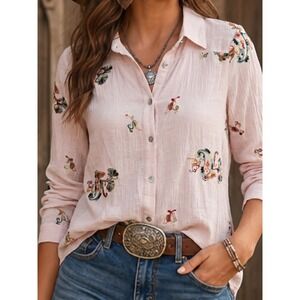 Fig and Flower Beige Paisley Embroidered Button Down Shirt Womens Large Boho